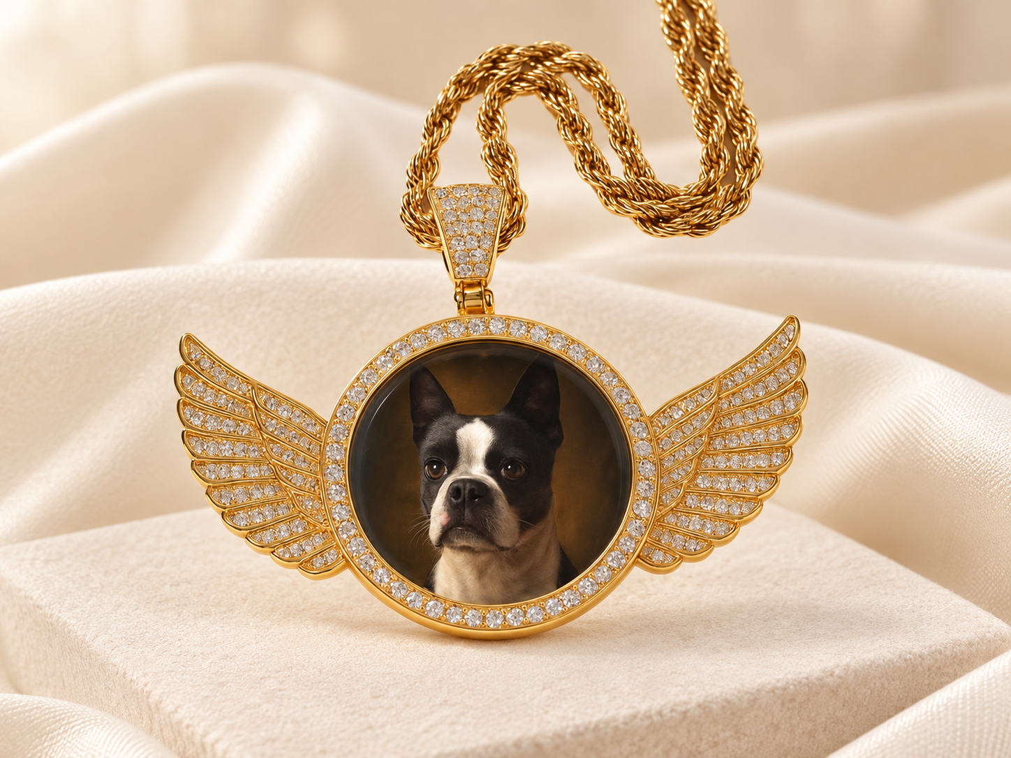 Gold wing necklace on an ivory silk jewellery display